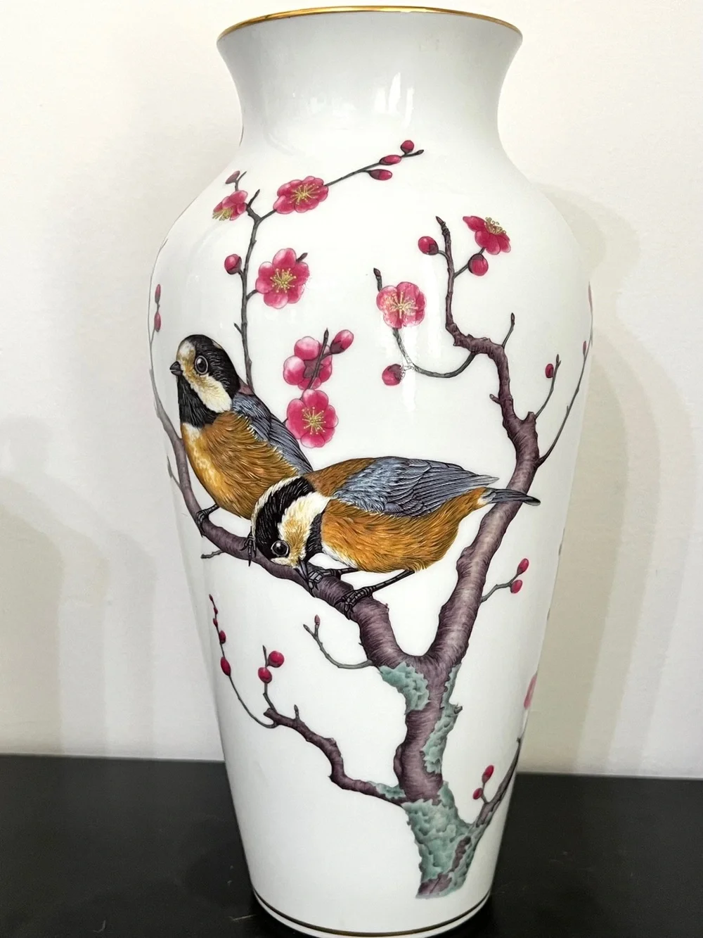 Franklin Porcelain 1981 Hand-Painted Bird Vase - White with Pink Blossoms